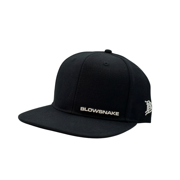 BlowSnake snapback black flat brim hat.