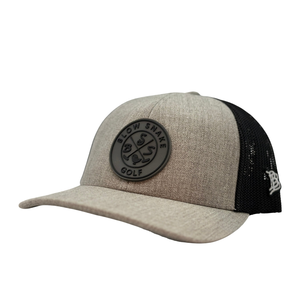 BlowSnake snapback gray and black golf hat. 